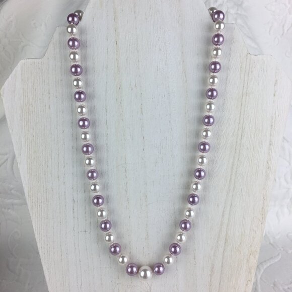 Hand Knotted Lavender & White Swarovski Pearl Necklace - Picture 1 of 4